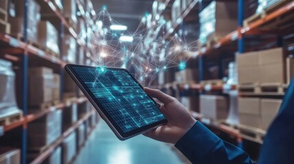 A supply chain manager using a tablet to monitor real-time inventory levels inside a modern, automated warehouse.