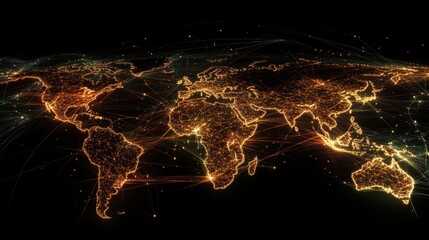 A supply chain network visualized as a global web of connections, with lines and nodes representing the flow of goods across continents.