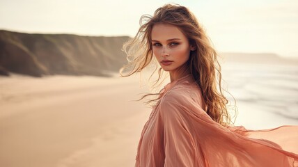 Beautiful woman in flowing dress on sandy beach at sunset, wind in her hair.