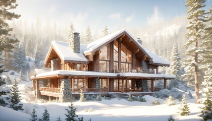 Wall Mural - Contemporary mountain home interior showcasing expansive windows with stunning valley views and modern architectural elements