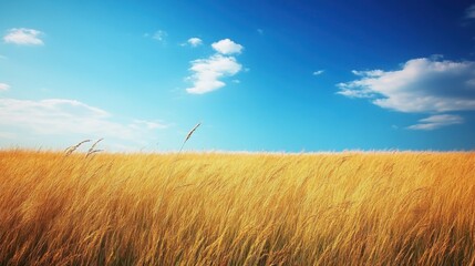 A vast open grassland under a bright blue sky, with tall, golden grasses swaying gently in the breeze, stretching endlessly toward the horizon.