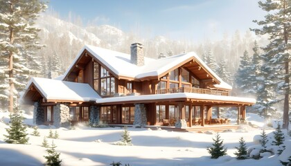 Wall Mural - Contemporary mountain home interior showcasing expansive windows with stunning valley views and modern architectural elements