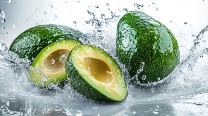 Wall Mural - A few avocados creating a splash of water, vibrant green skin and droplets contrasting beautifully with the white background.