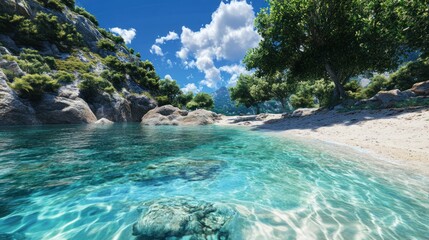 A serene beach scene featuring crystal-clear turquoise waters and lush greenery under a vibrant blue sky.