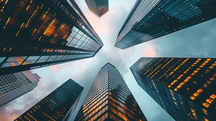 Business and finance concept, looking up at high rise office building architecture in the financial district of a modern metropolis. 