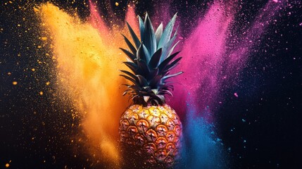 Canvas Print - A pineapple bursts with colored powder, creating a dynamic splash of hues against a contrasting dark backdrop.