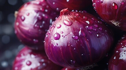 Poster - A stack of red onions, their shiny skin covered in water droplets, highlighting their deep purple tones and freshness.