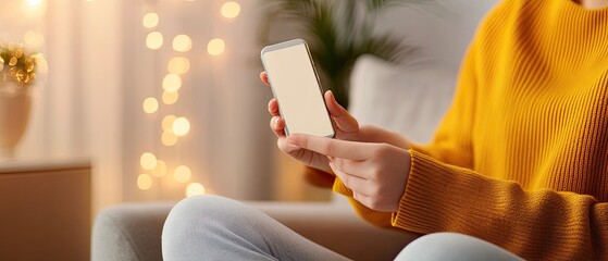 A cozy scene with a person holding a smartphone, surrounded by soft lighting, perfect for conveying connection and technology.