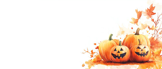 Halloween watercolor pumpkin jack o lantern with smile on white background. Design template banner for halloween, all saints night cards and posters with place for text