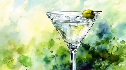 Wall Mural - Watercolor Painting of a Martini Glass with an Olive.