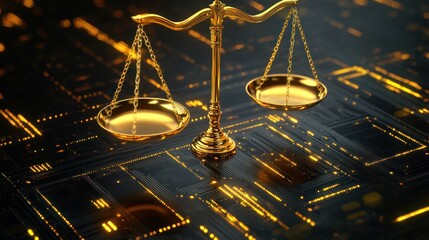 Wall Mural - a golden balance scale rests on a glowing circuit board, symbolizing justice in a digital world.