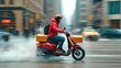 © Sumet - A delivery rider on a red scooter speeding through a busy city street, showcasing urban transportation and modern logistics.
