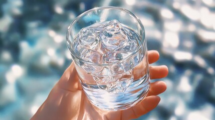 A refreshing glass of water with ice held in a hand, set against a shimmering blue background.