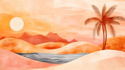 Wall Mural - Abstract Watercolor Desert Landscape with Palm Trees.