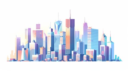 Wall Mural - Cityscape with skyscrapers and office buildings. Panoramic landscape of the metropolis. Silhouettes of a modern city. Business district of the city. Vector illustration for design in flat style. 