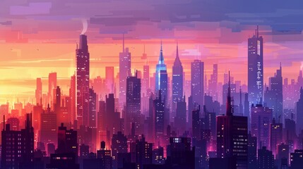 Wall Mural - Cityscape with skyscrapers and office buildings. Panoramic landscape of the metropolis. Silhouettes of a modern city. Business district of the city. Vector illustration for design in flat style. 