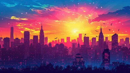 Wall Mural - Colorful comic scene background with city silhouette 