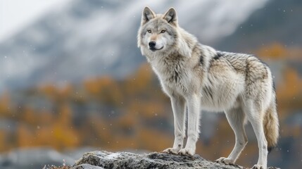 Timber wolf stands on a felled tree against the background of mountains in winter 