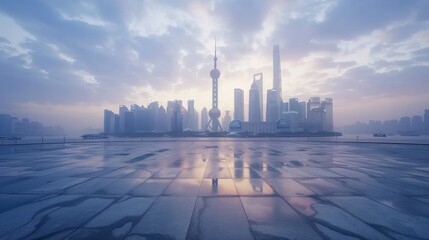 Wall Mural - Empty square floor and city skyline with buildings in Shanghai at sunset, China. 