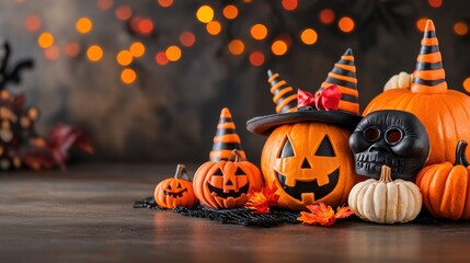 Wall Mural - A festive arrangement of Halloween-themed pumpkins, a skull, and colorful bokeh lights, creating a spooky yet cheerful atmosphere.