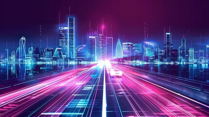 Futuristic city. Cityscape on a bright background with glowing neon lights. Wide highway front view. Cyberpunk and retro wave style illustration. 