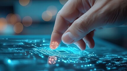 A hand interacts with a digital circuit board, showcasing advanced technology and innovation in artificial intelligence.