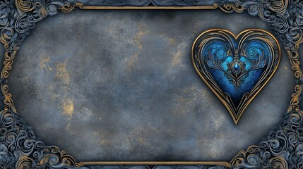 An illustration showing a blue art deco heart embellished with gold decorations on a blue background, a valentine's card