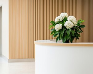 Elegant bank reception with curved desk, soft lighting, floral arrangements, graceful bank interior, luxury client experience