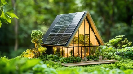 A modern eco-friendly house with solar panels surrounded by lush greenery, showcasing sustainable living and natural harmony.