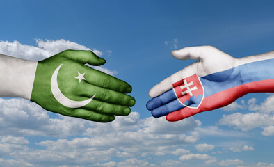 Slovak Republic or Slovakia and Pakistan country handshaking with flags, consensus concept international co-operation illustration