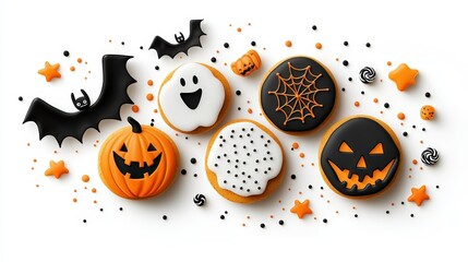 Wall Mural - Halloween themed cookies with bat and pumpkin designs, white isolate background