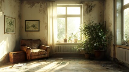 Poster - Sunlit Room with Vintage Chair and Plants