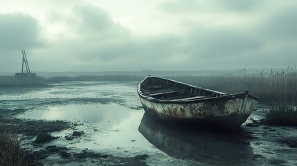 Lonely Boat in a Foggy Marsh - A Tranquil Landscape