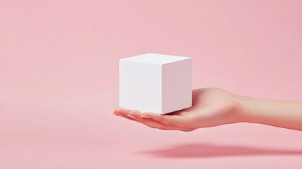 Human hand holding a simple white cube object against a blank pink background.