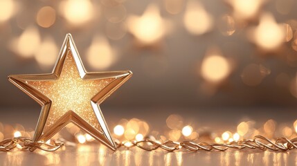 Gold star decoration with glowing lights on a soft background.