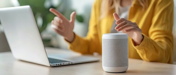 A person interacting with a voice assistant speaker while using a laptop, showcasing modern technology and multitasking.