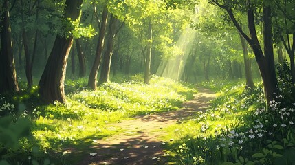 Wall Mural - Sunlight filters through the lush trees of a vibrant forest path adorned with blooming flowers in late spring