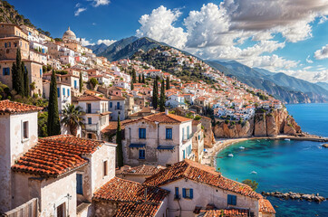 Picturesque village overlooking sparkling turquoise water on a sunny day