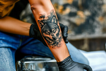 Realistic wolf forearm tattoo in black and grey