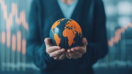 Investor holding a holographic earth, surrounded by financial graphs, global business influence, capital growth potential