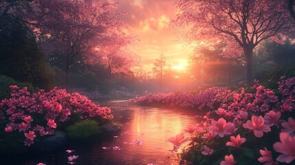 Wall Mural - A serene river at sunset surrounded by blooming flowers in a tranquil forest setting