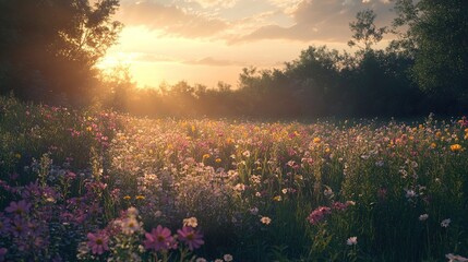 Wall Mural - Colorful wildflower meadow at sunset with a large tree overlooking rolling hills in a tranquil landscape