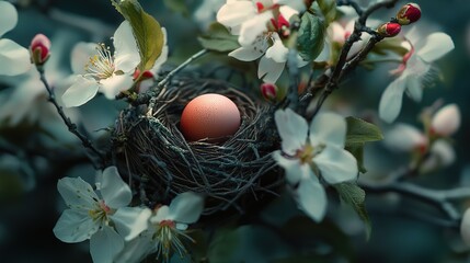 A colorful egg nestled among blossoming branches in a spring garden alive with fresh blooms and budding leaves