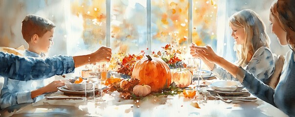 Family sharing gratitude, hands held around Thanksgiving table, cozy ambiance, Watercolor style