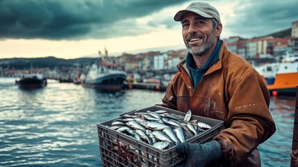 Fisherman from Vigo Lifting Crate of Fresh Fish