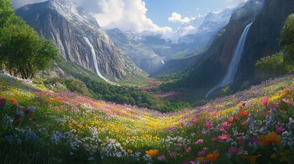 Wall Mural - A vibrant valley filled with colorful flowers and majestic waterfalls under a sunny sky during midday in a mountainous landscape