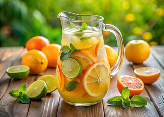 Refreshing Chilled Citrus Blast Drink with Fresh Orange, Lemon, and Lime Slices in a Glass Pitcher on a Wooden Deck