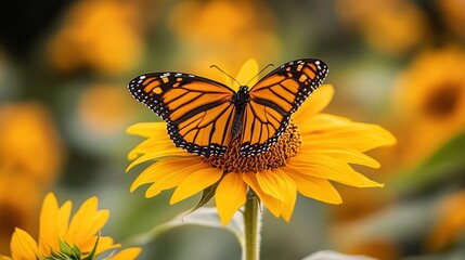 Wall Mural - A monarch butterfly perched delicately on a vibrant sunflower in a sunlit field during late afternoon