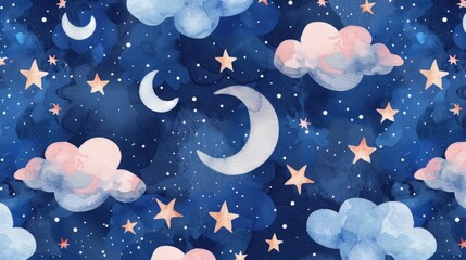 Watercolor night sky moons clouds and stars pattern for kids