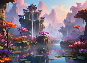 Wall Mural - A fantasy landscape illustration of towering floating islands covered in colorful foliage